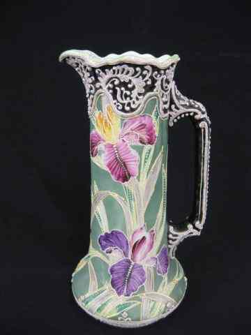 Appraisal: Japanese Moriage Porcelain Tankard handpainted orchid design with raised porcelain