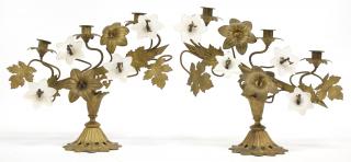 Appraisal: Pair of Floriform Brass Opaline Glass Candelabra Each of three