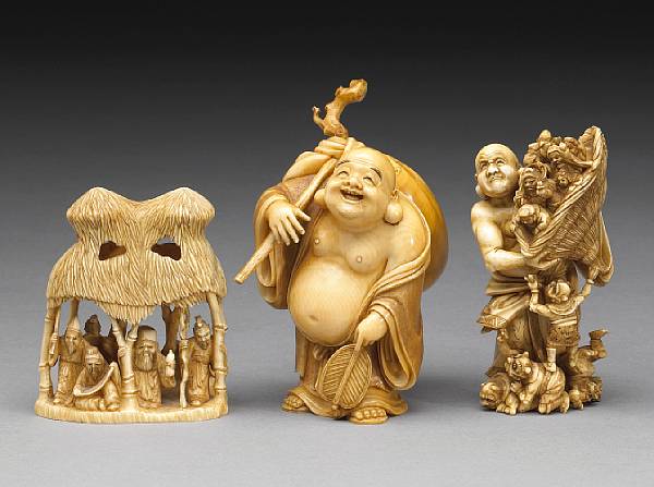 Appraisal: Three ivory figural okimono The first a reticulated study of