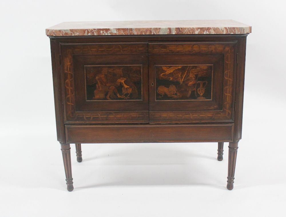 Appraisal: Louis XV Style Inlaid and Marbletop Cabinet Nice thick marble