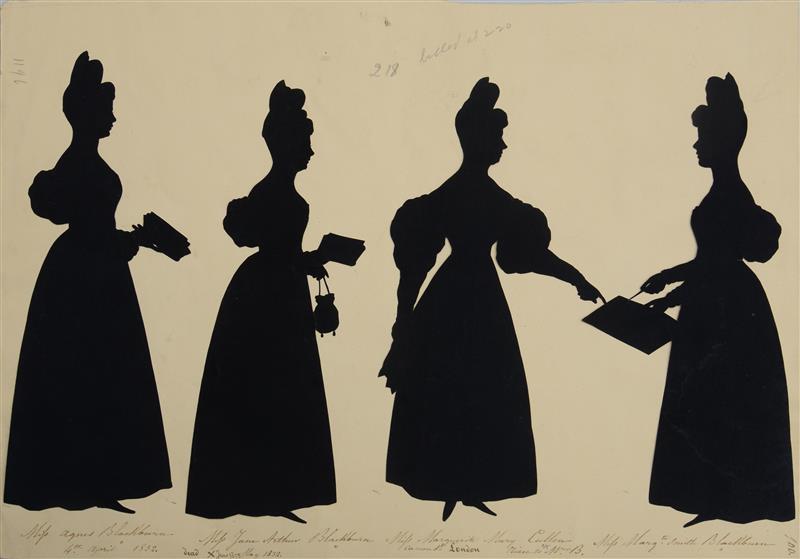 Appraisal: ENGLISH SCHOOL LADY AT THE PIANO AND LADIES DANCING Cut-paper