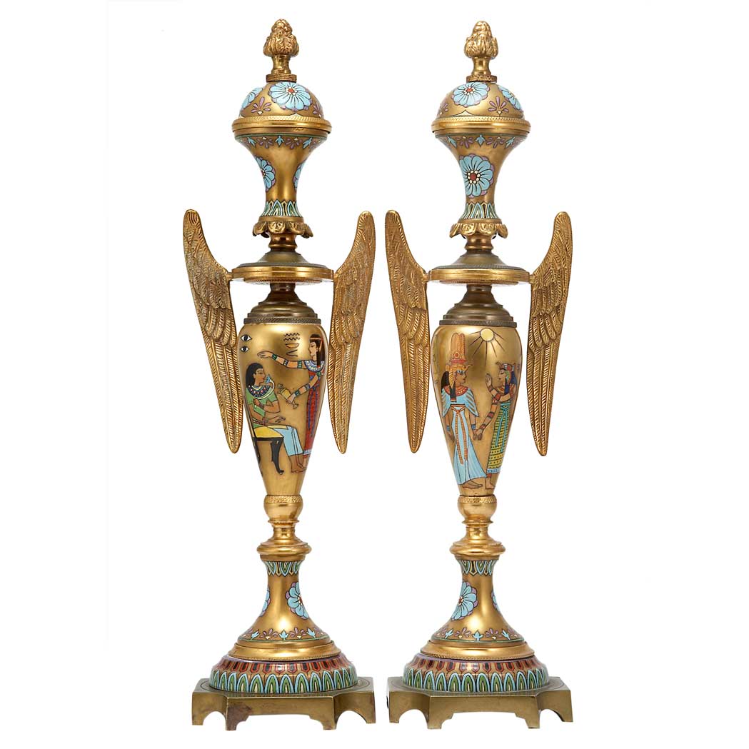 Appraisal: Pair of French Art Deco Egyptian Revival Gilt-Metal Mounted Enameled