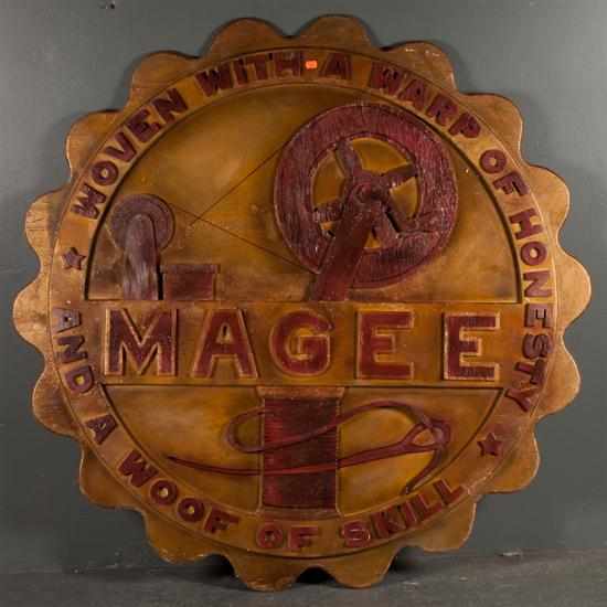 Appraisal: Painted wood trade sign ''MAGEE'' ''WOVEN WITH A WARP OF