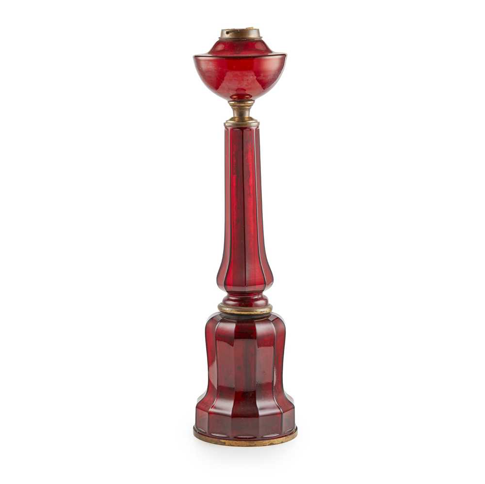 Appraisal: RUBY GLASS PARAFFIN LAMP BASE TH CENTURY of facetted mallet