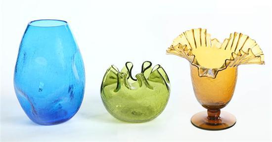 Appraisal: THREE PIECES OF ART GLASS All crackle glass A footed