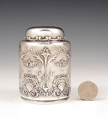 Appraisal: WHITING STERLING REPOUSSE FLORAL DESIGN TEA CADDY Repousse garland and