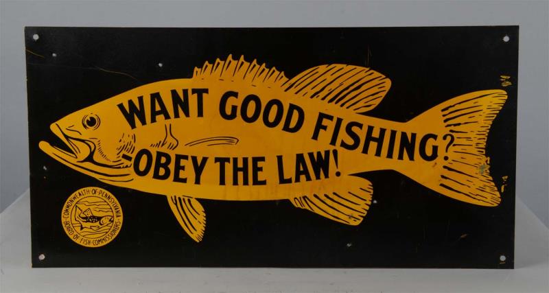 Appraisal: Want Good Fishing Tin Fish Sign This black and yellow