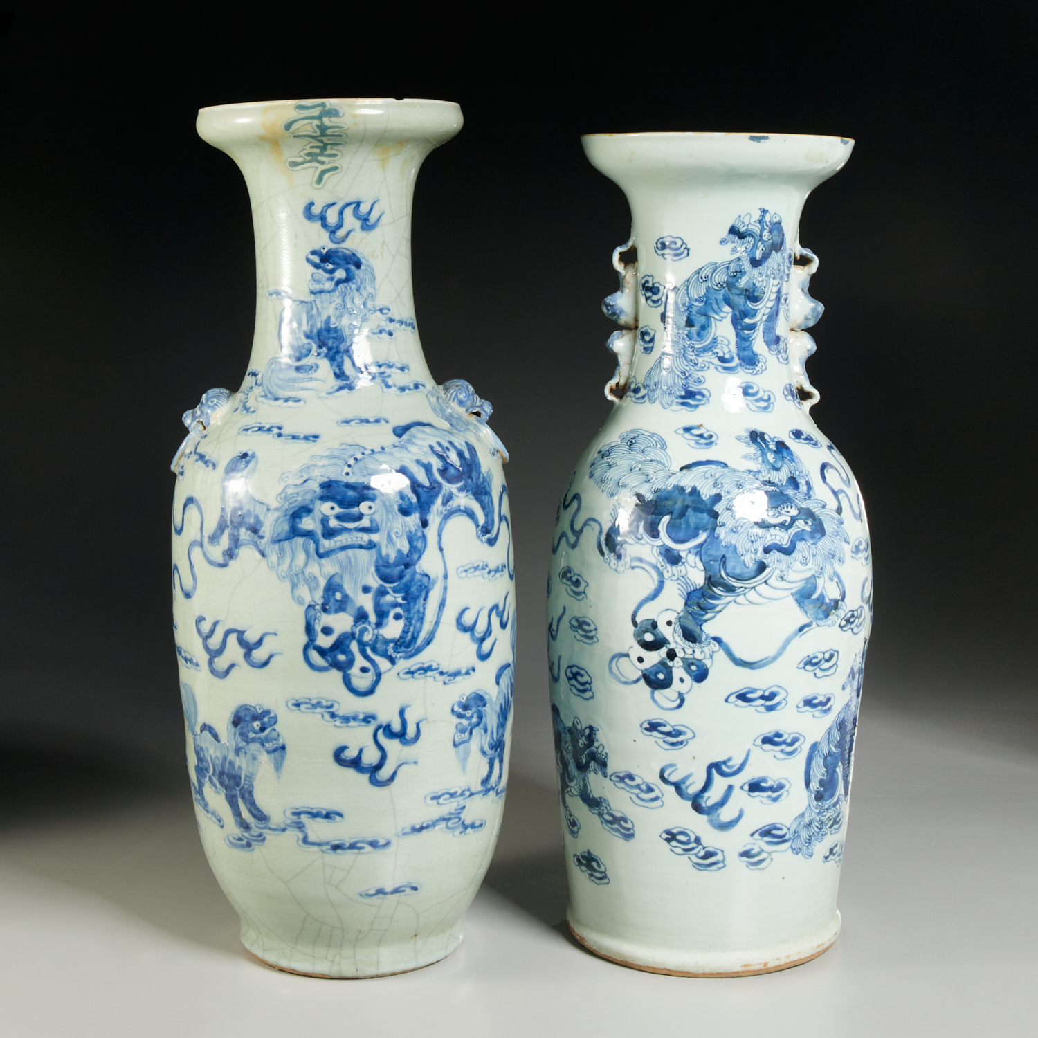 Appraisal: NEAR PAIR CHINESE CELADON AND BLUE ROULEAU VASES Qing Dynasty