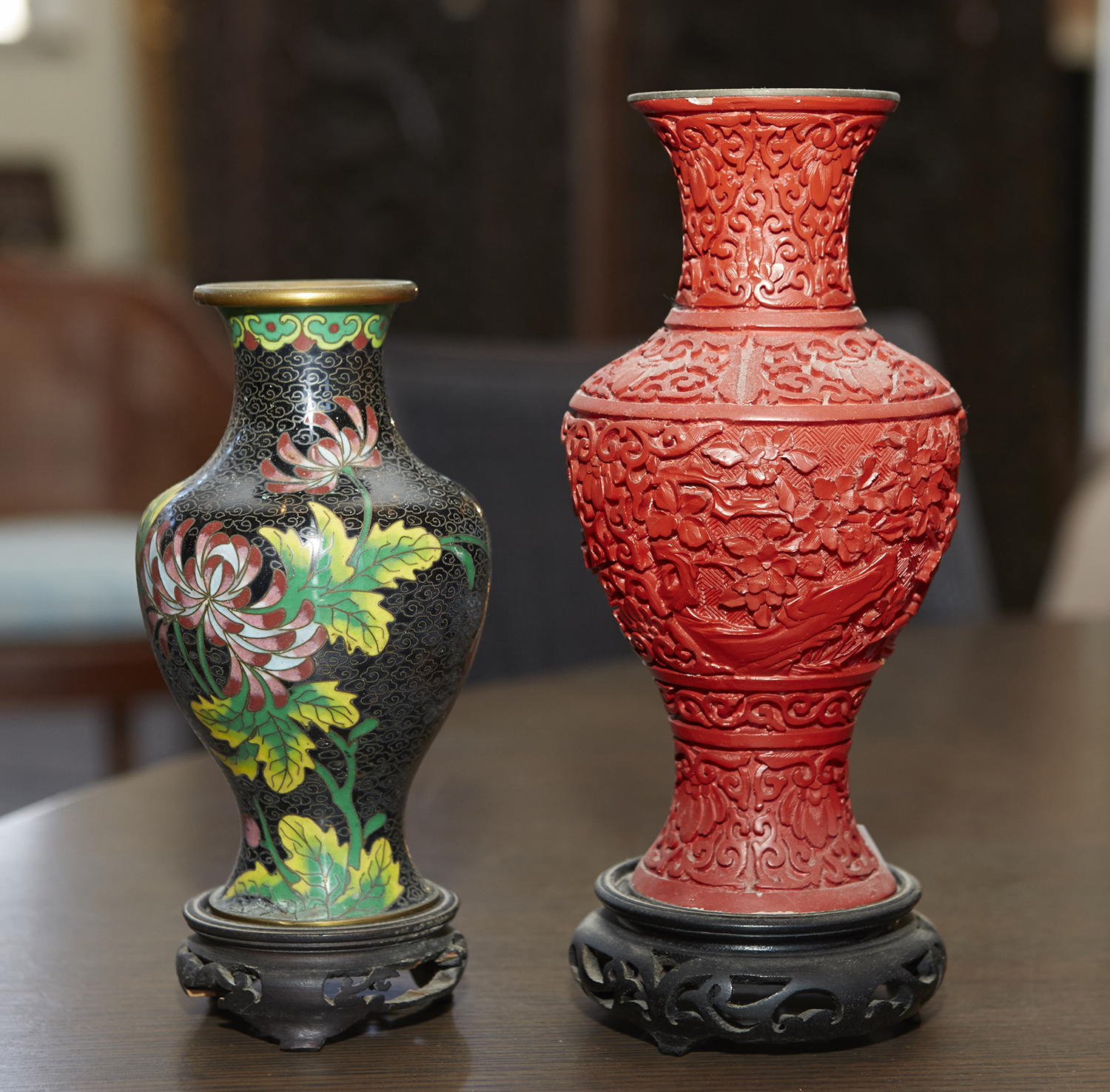 Appraisal: A CINNABAR VASE ON STAND AND A CLOISONN VASE ON