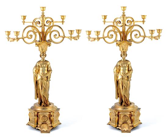 Appraisal: Pair Neoclassical figural nine-light candelabra capital supporting scrolling arms ending