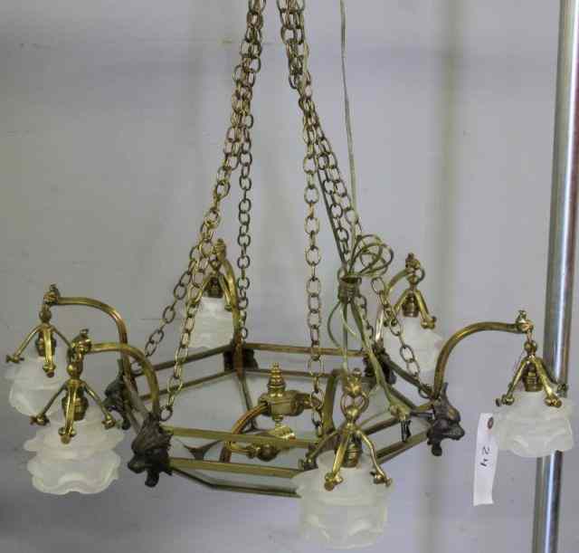 Appraisal: Art Deco Light Gilt Metal and Glass Chandelier From a