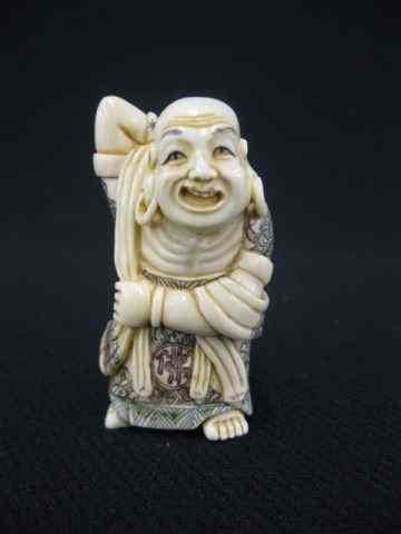 Appraisal: Carved Ivory Netsuke of a Buddha fine polychrome signed ''