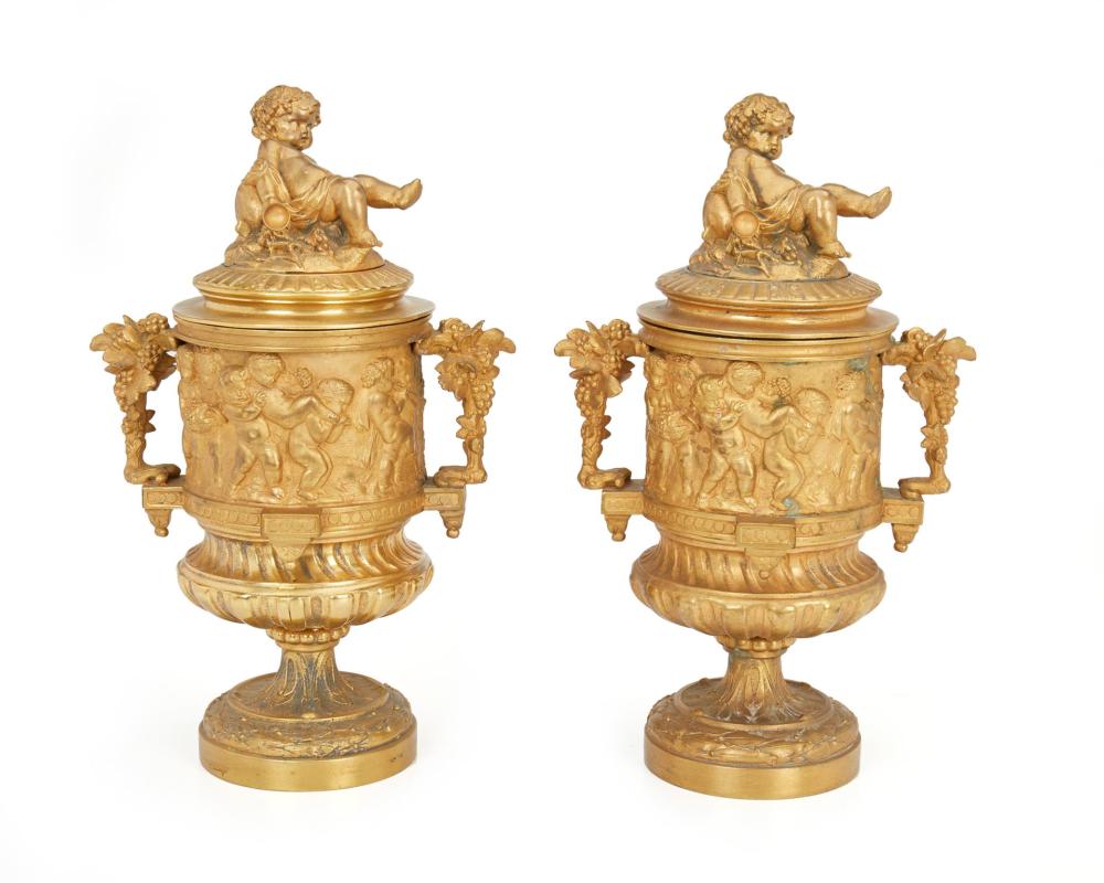 Appraisal: A pair of Renaissance Revival gilt-bronze urns th Century Each