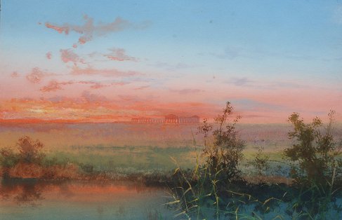 Appraisal: SUNSET GOUACHE WITH RUINS '' x '' no visible signature