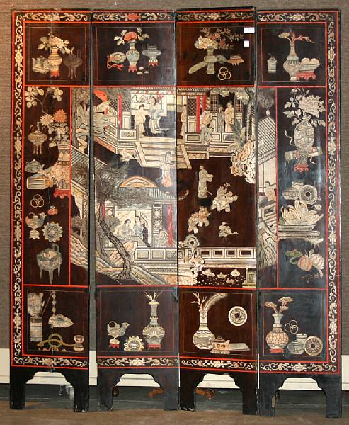 Appraisal: A coromandel four-panel floor screen Early th Century Decorated with