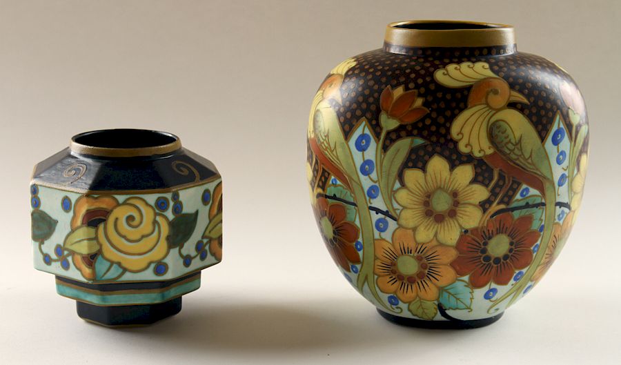 Appraisal: PAIR ART DECO ROCHE FRERES GLAZED CERAMIC VASES A pair