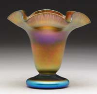 Appraisal: QUEZAL RUFFLED VASE Gold iridescent footed vase with deeply scalloped