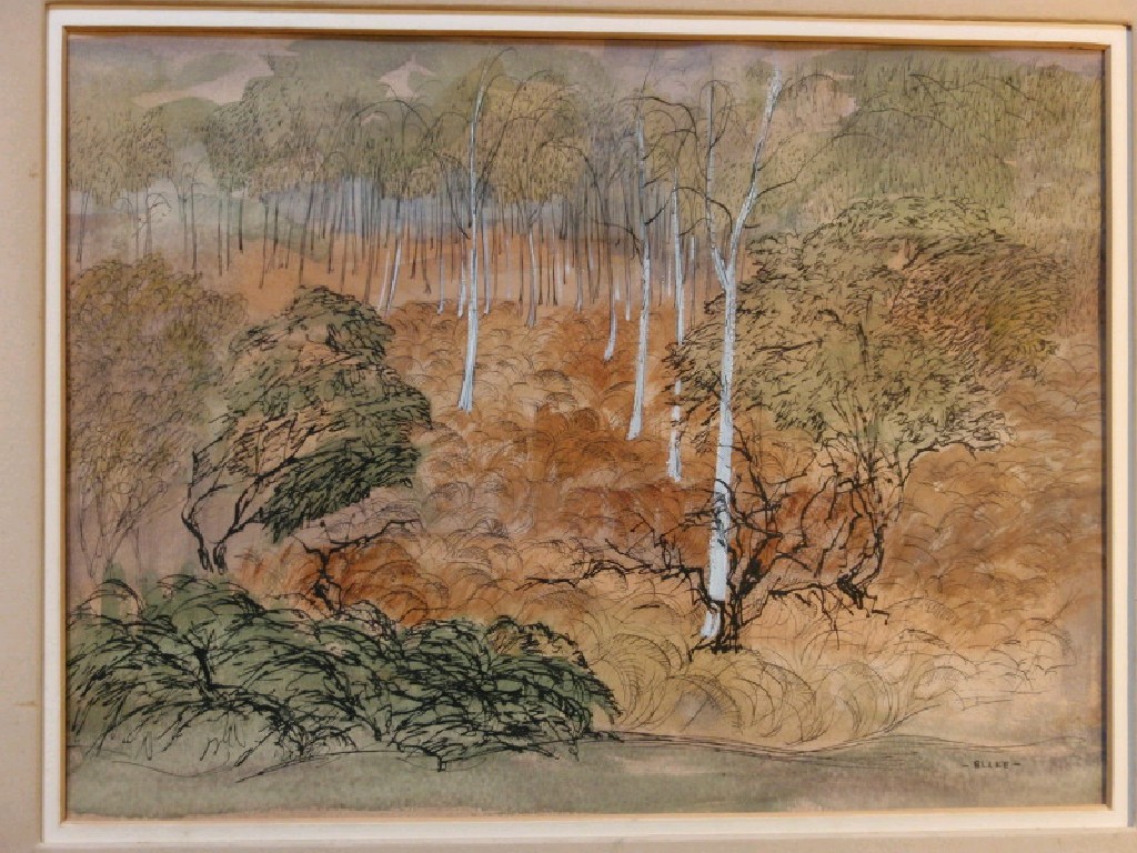 Appraisal: Blake Pen wash and heightened woodland landscape signed cm x