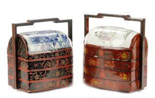 Appraisal: Chinese Porcelain Lacquer Lunch Boxes Two complimenting black lacquer and