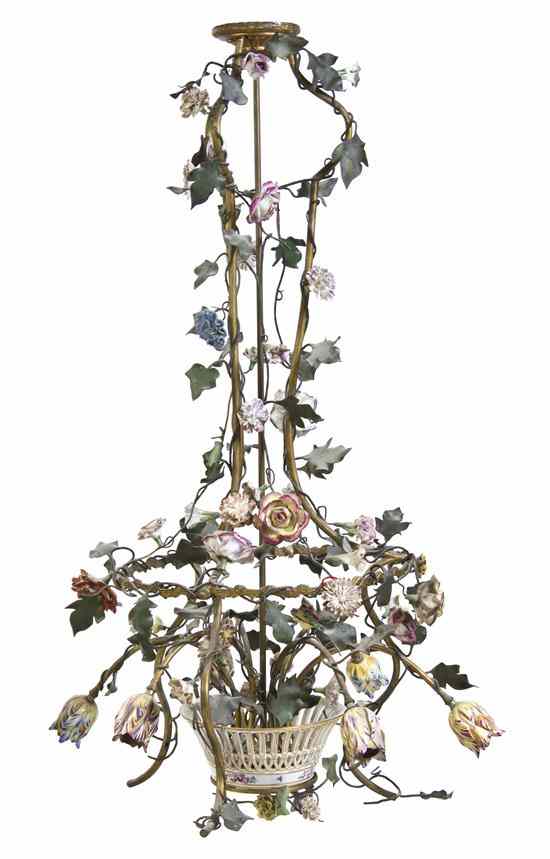 Appraisal: A Continental Porcelain Mounted Chandelier of cage form with applied