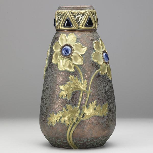 Appraisal: BUR MARIGOLDAmphora floral porcelain vase with cabochonsStamped BUR MARIGOLD etched