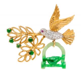 Appraisal: An Karat Yellow Gold Platinum Jadeite and Diamond Brooch dwts