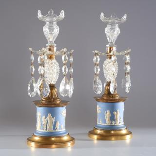 Appraisal: Pair English jasperware and bronze candlesticks Pair English jasperware and