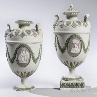 Appraisal: Pair of Wedgwood Tricolor Jasper Vases and Cover England late