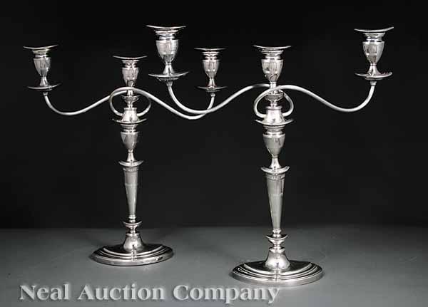 Appraisal: A Handsome Pair of Adam-Style Silverplate Three-Light Candelabra Ellis-Barker Birmingham