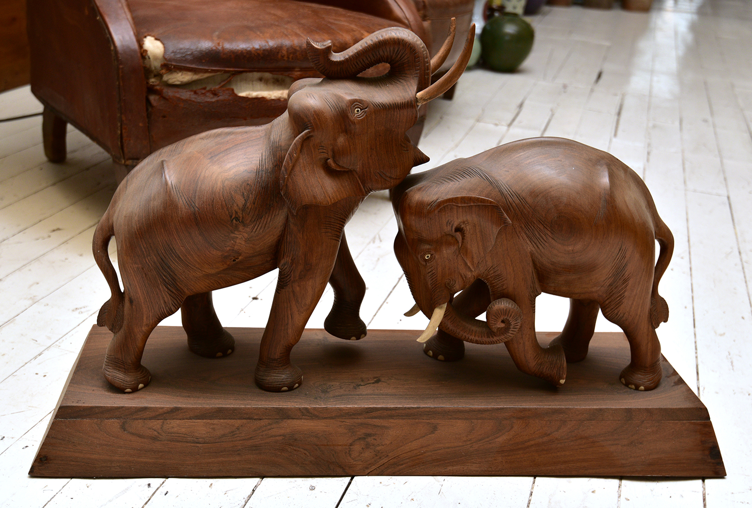 Appraisal: A THAI CARVING OF TWO FIGHTING BULL ELEPHANTS x x