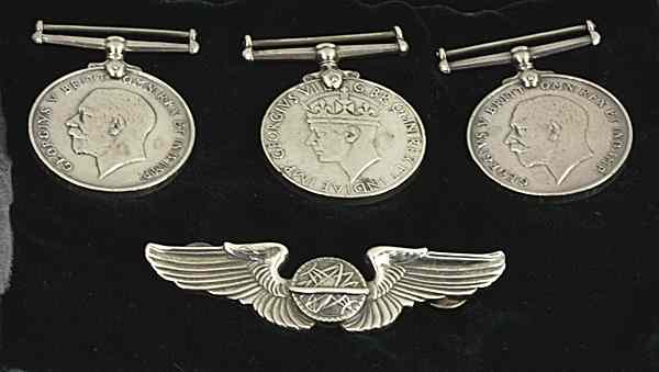 Appraisal: Three Silver British Medals and American Pilot Navigator Wings Lot