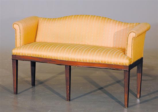 Appraisal: Hepplewhite style mahogany serpentine loveseat camelback with scroll arms shaped