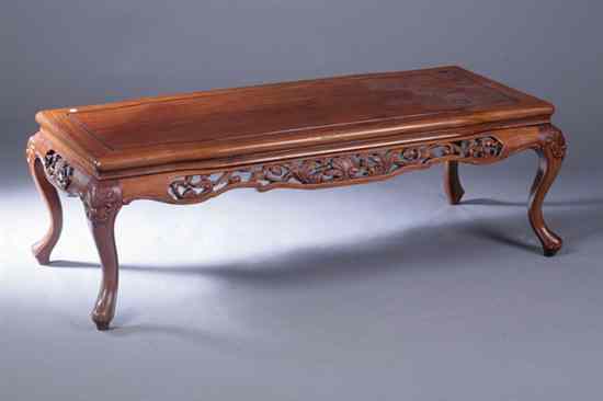 Appraisal: CHINESE ROSEWOOD LOW TABLE The shaped rectangular top above open