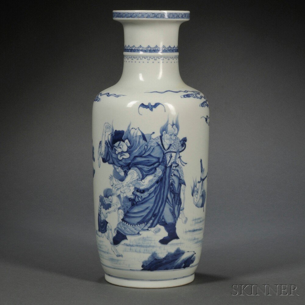 Appraisal: Blue and White Vase China rouleau form decorated with mythical