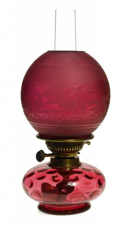 Appraisal: A VICTORIAN CRANBERRY GLASS OIL LAMP with brass Wright Butler