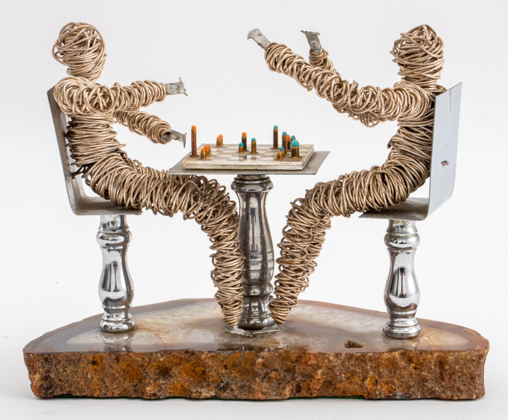 Appraisal: FRIED SCULPTURE OF WIRE FIGURES PLAYING CHESS Fried sculpture of