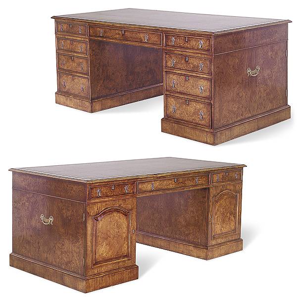 Appraisal: A George III style burl walnut partners' desk The rectangular