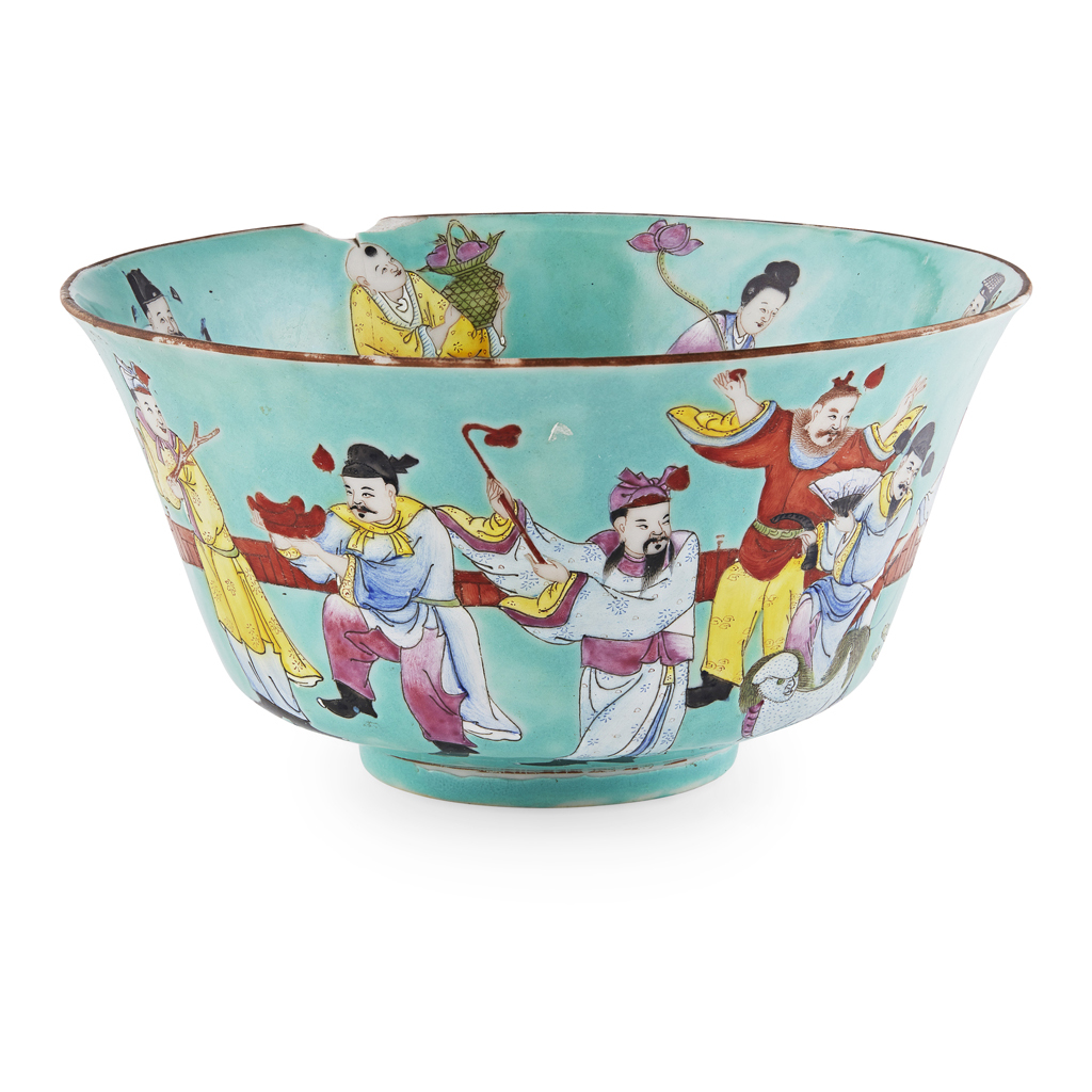 Appraisal: FAMILLE ROSE TURQUOISE-GROUND 'EIGHT IMMORTALS' BOWL JIAQING MARK AND OF