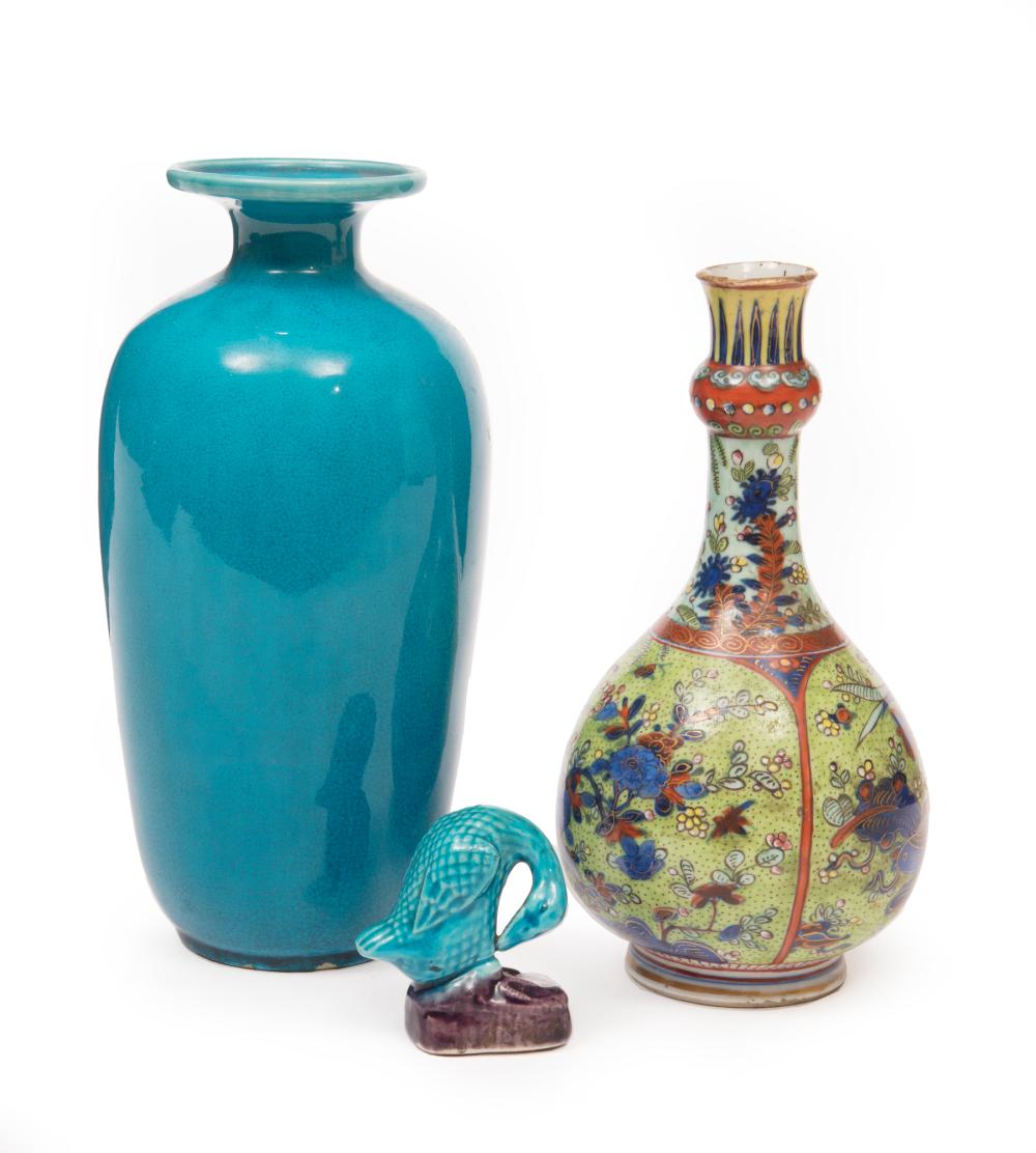 Appraisal: Group of Three Chinese Porcelain Objects incl polychrome bottle vase