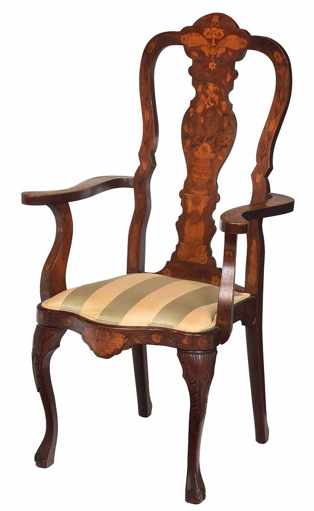 Appraisal: Dutch Marquetry Carved Inlaid Mahogany Armchair Continental th th century