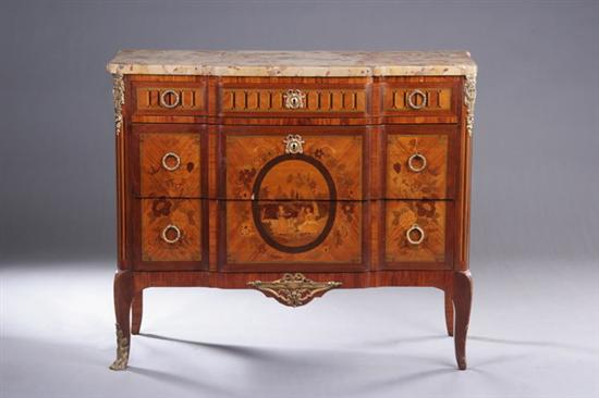 Appraisal: LOUIS XVI STYLE MARBLE-TOP COMMODE th century with marquetry parquetry