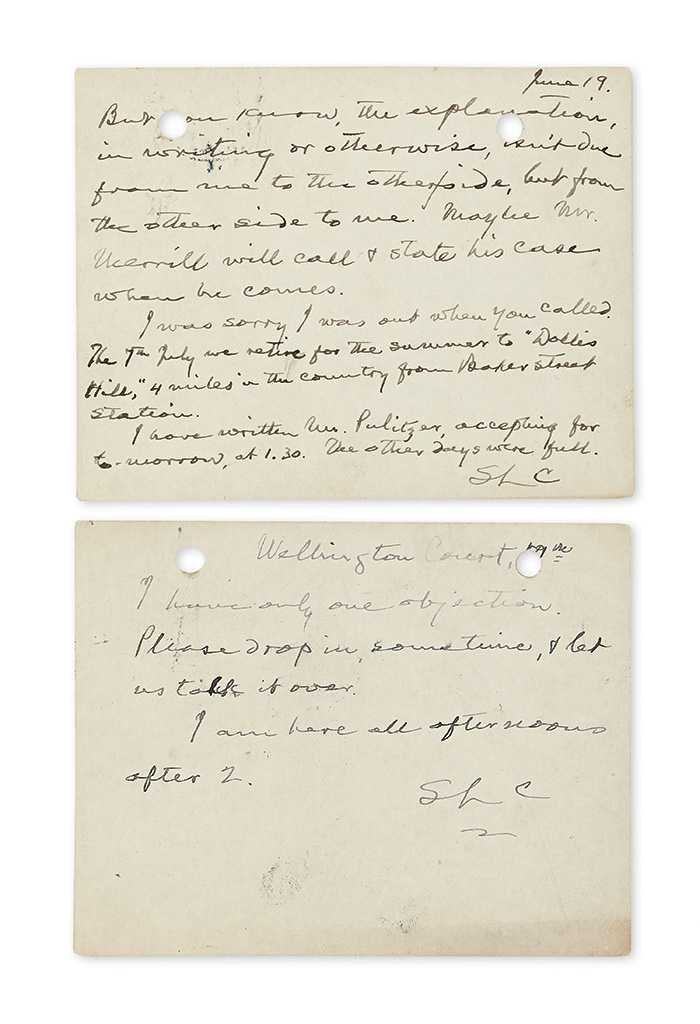 Appraisal: I HAVE WRITTEN MR PULITZER' TWAIN MARK Two Autograph Postcards