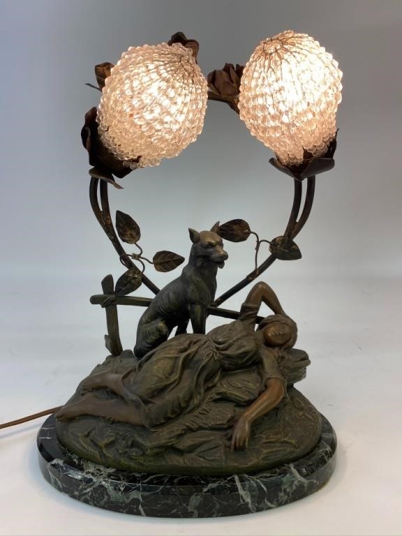 Appraisal: Ferville-Saun spelter metal figural lamp with beaded shades and marble