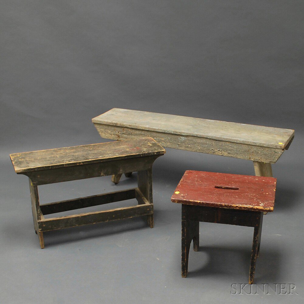 Appraisal: Three Painted Country Benches th th century one green-painted one