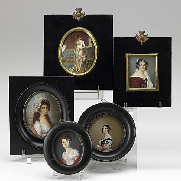 Appraisal: FIVE PORTRAIT MINIATURESFour on ivory one reverse-painted on glass th