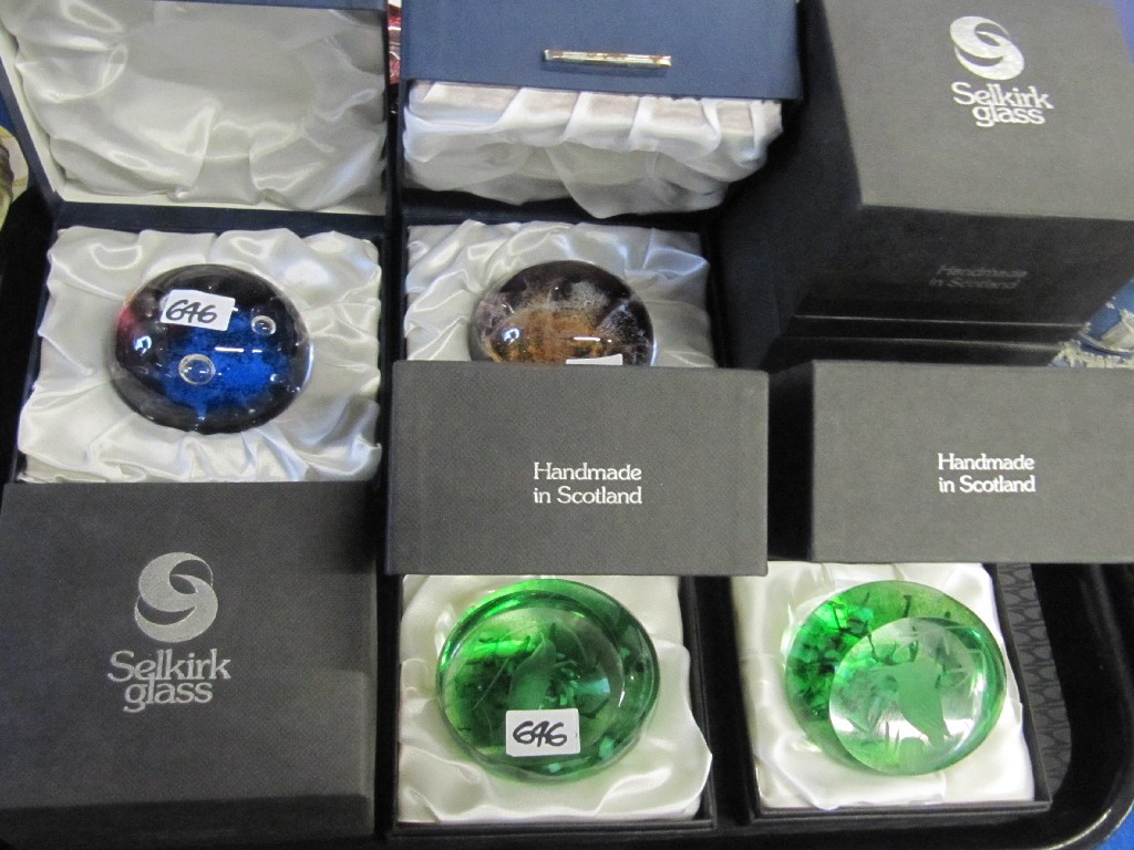 Appraisal: Five Selkirk glass paperweights and two Caithness weights