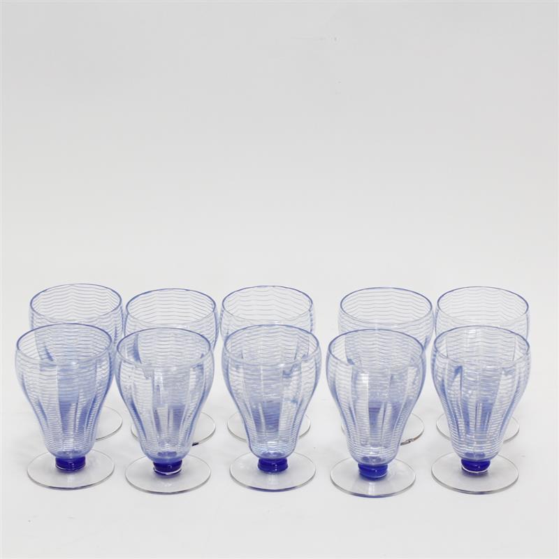 Appraisal: Ten Libbey-Nash Blue-Threaded American Art Glass Water Goblets H dia