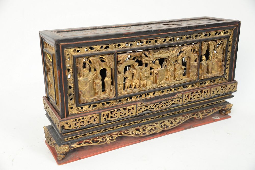 Appraisal: Chinese Gilt and Lacquered Carved Wood Panel Box or Stand