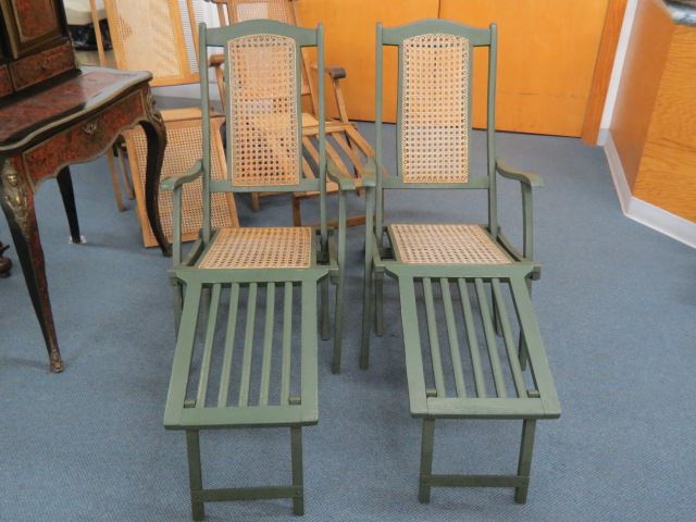 Appraisal: Pair of Deck Lounge Chairs oceanlinertype folding caned green