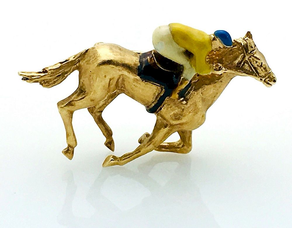 Appraisal: k Gold Enamel Equestrian Pin Brooch k Yellow g Gold